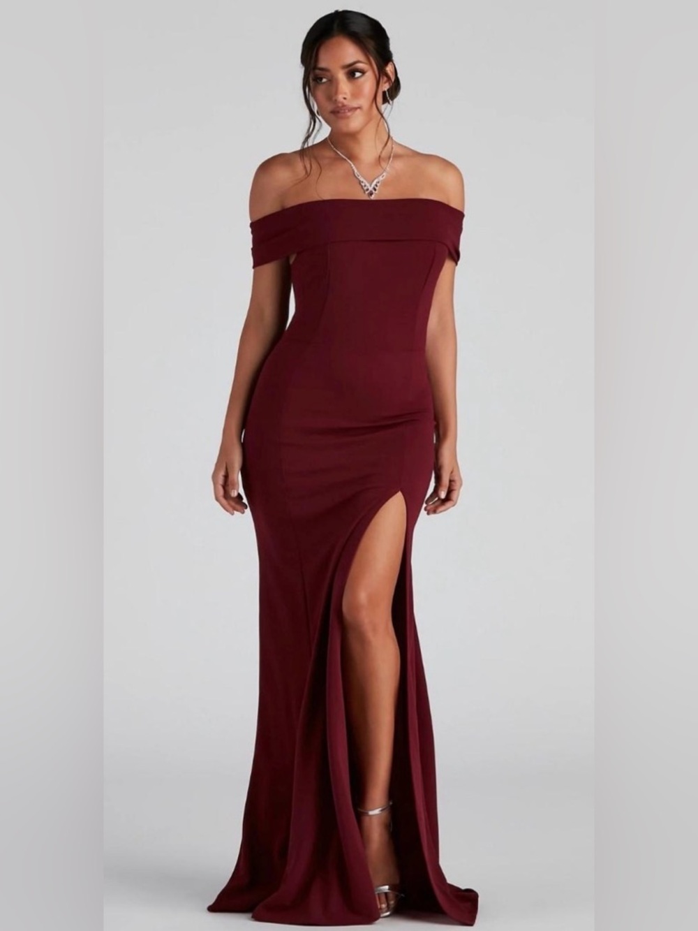 Windsor Off-Shoulder Burgundy One-Shoulder Gown with Thigh Slit